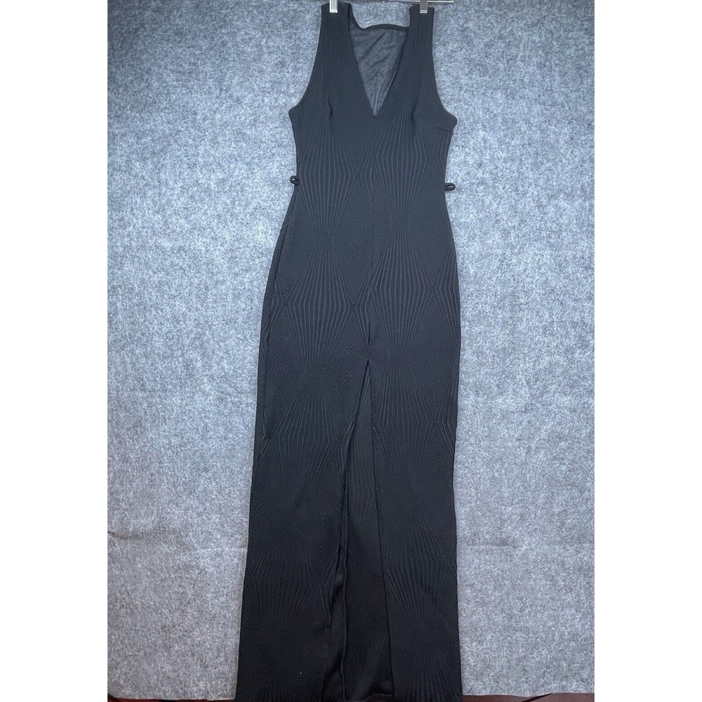 Vintage Cameo Dress Womens Large Black Maxi Front Slit Sheer V Stretch